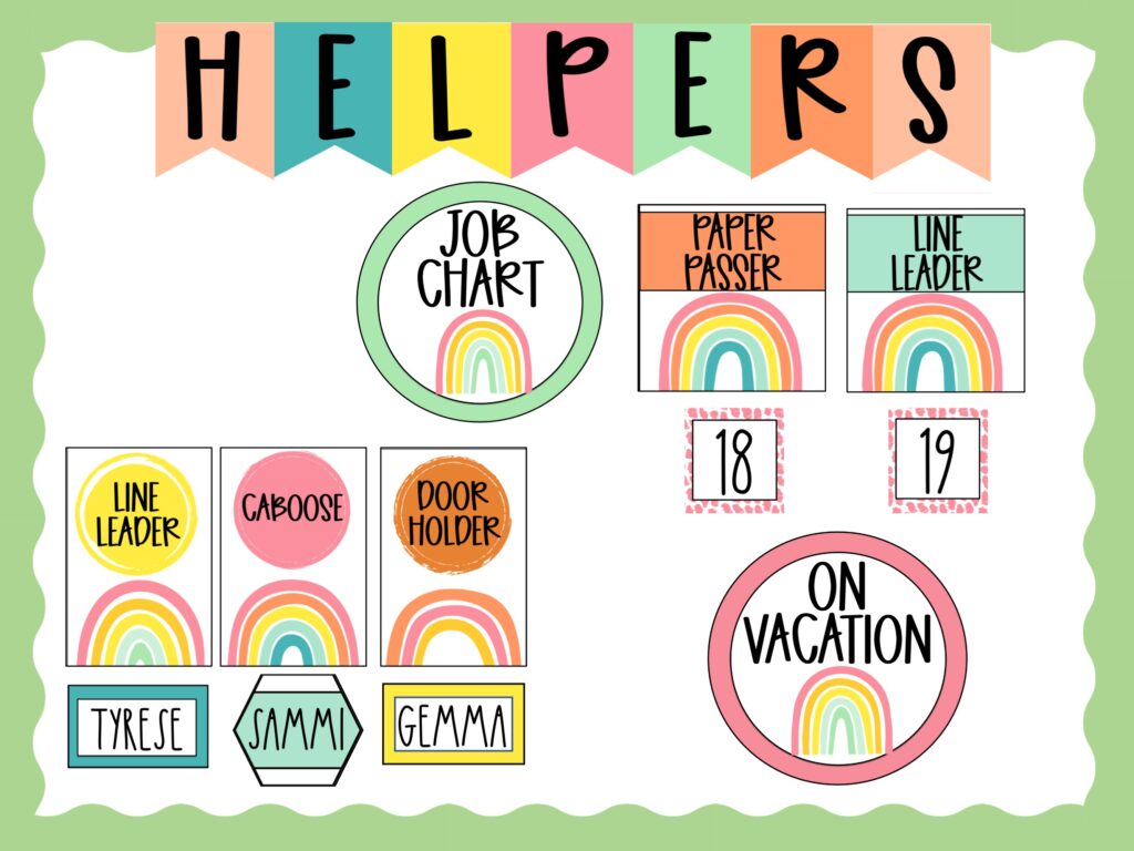 boho rainbow classroom herlpers job chart