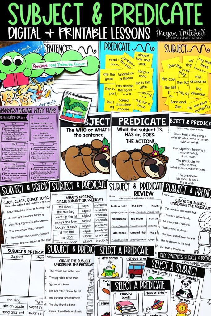 lesson plans and activities for teaching subject and predicate parts of a sentence