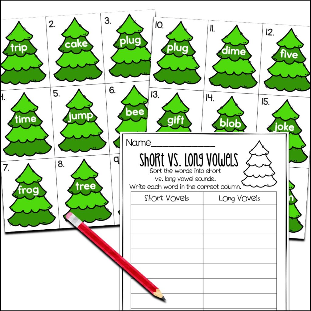 short vs long vowels Christmas worksheet