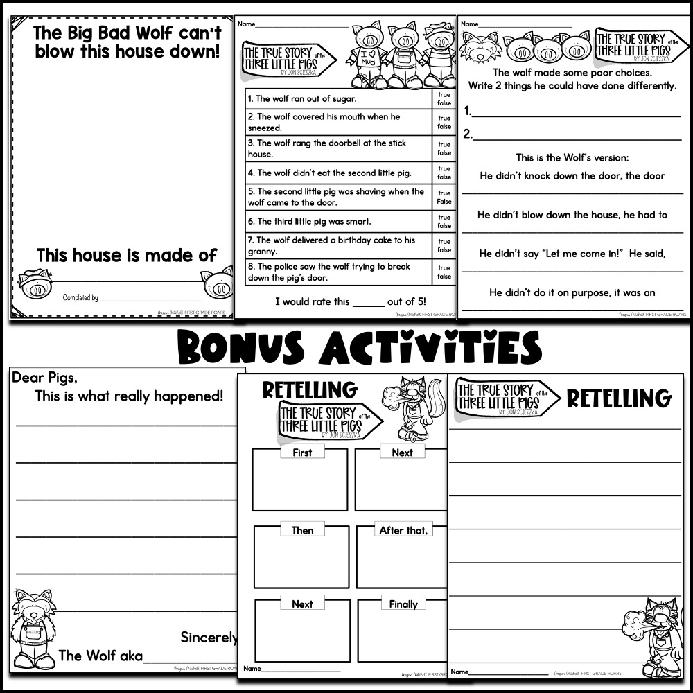 The True Story of the Three Little Pigs worksheets