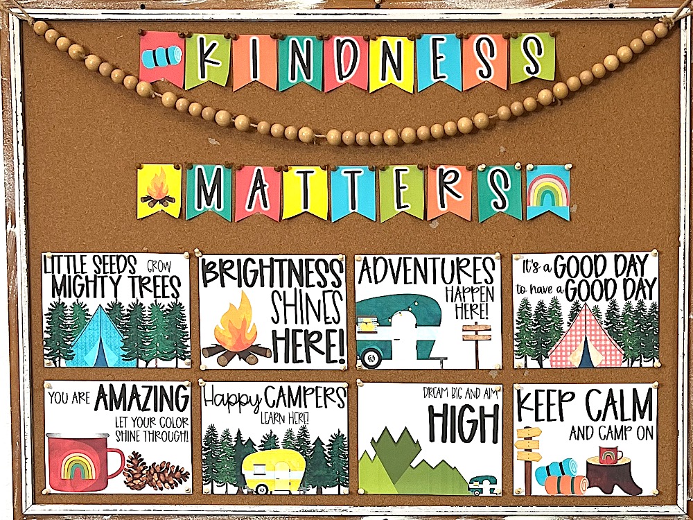 camping theme kindness bulletin board