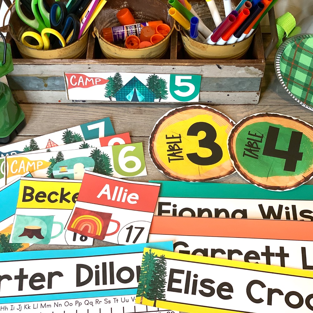 camping theme classroom name and table tags