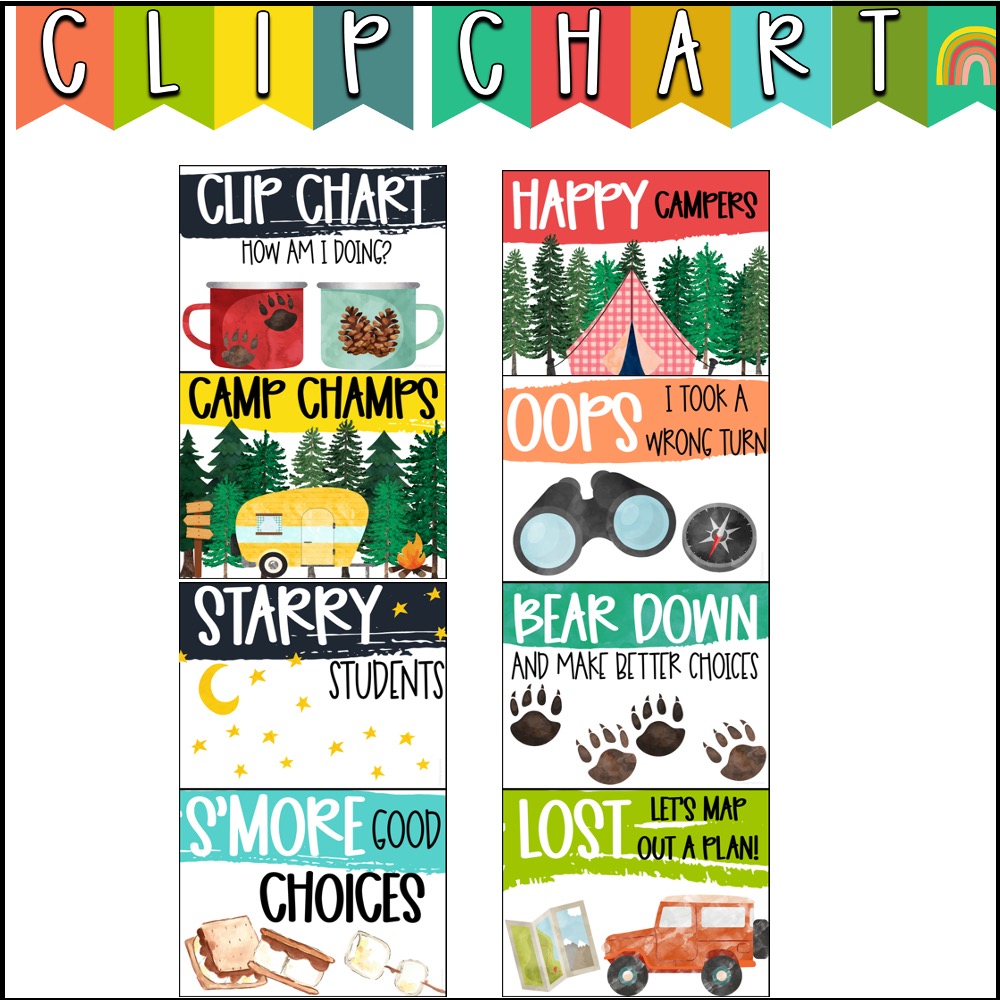 Camping theme classroom clip chart posters