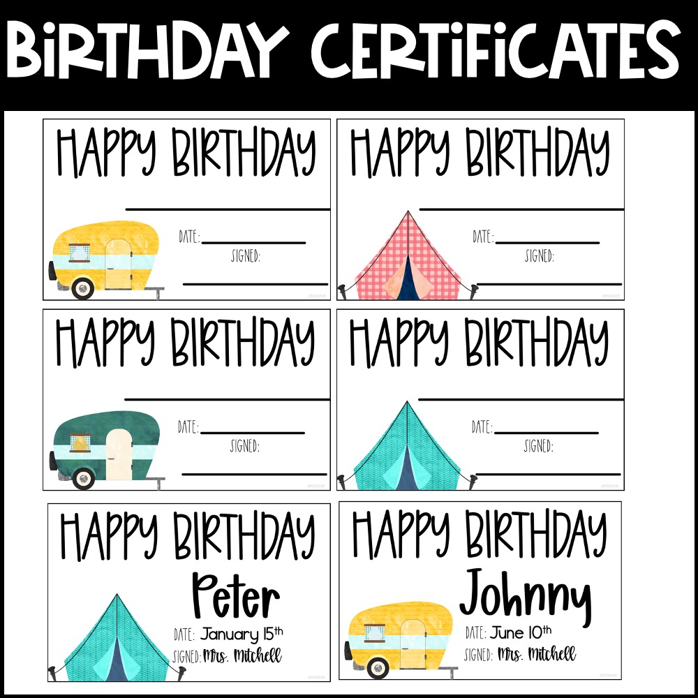 Happy Campers birthday certificates